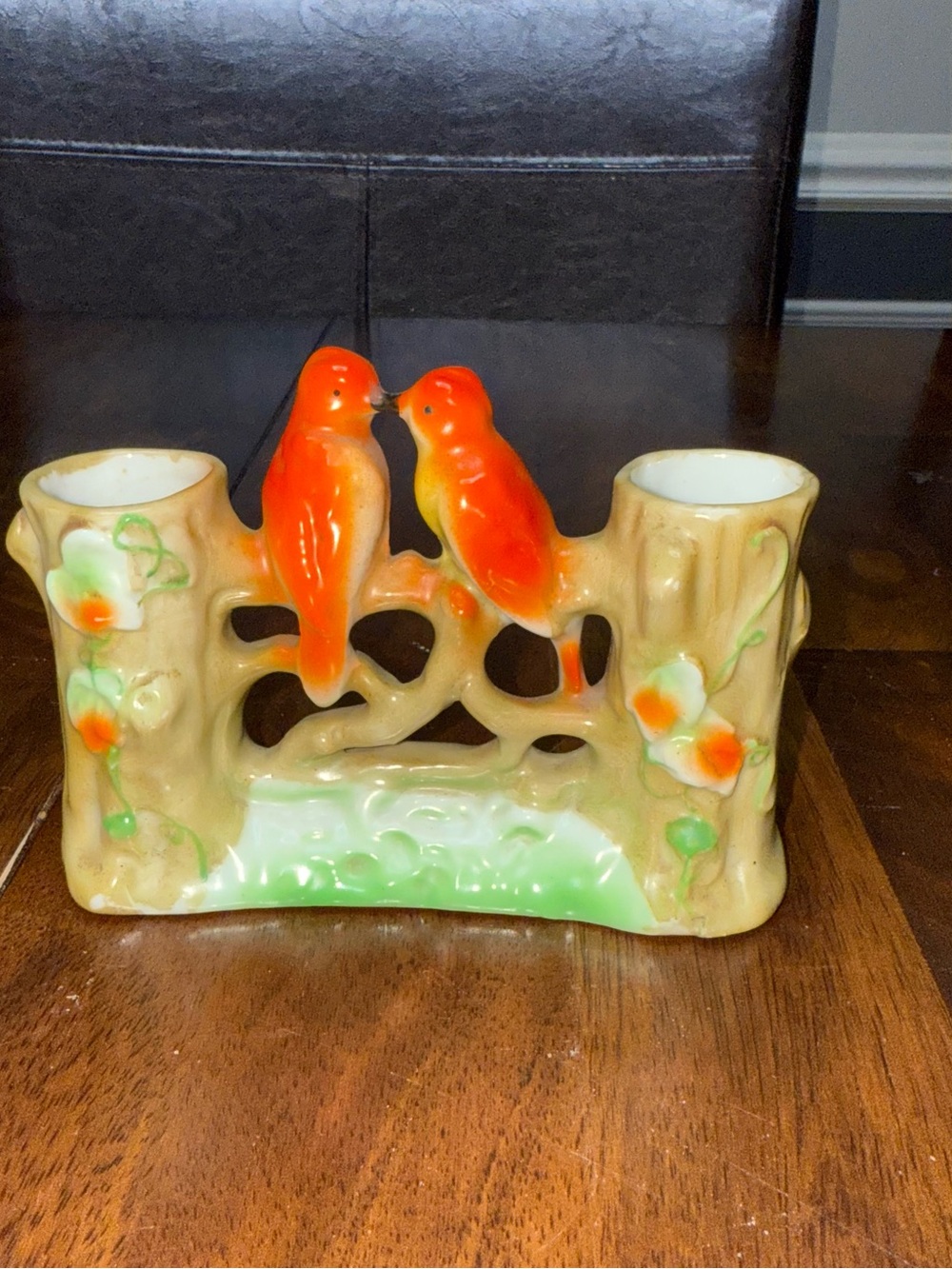 Vintage Hand-Painted Orange Bird Ceramic Double Vase